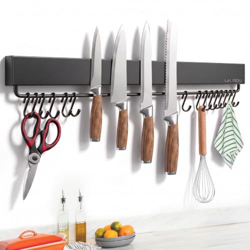 Magnetic Knife Holder for wall, 23 Inch Knife Magnetic Strip with 15 Hooks Black 23Inch