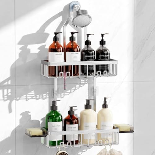 Shower Caddy Hanging, Never Rust Shower Organizer Hanging, Aluminum Shower Racks for Inside Shower with Hooks for Razor, Bathroom Organizers and Storage with Soap Holder, Bright Silver