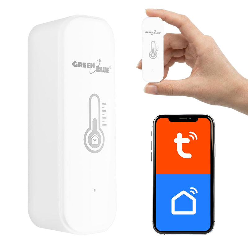 GreenBlue GB737 Temperature and Humidity Sensor WiFi Thermometer and Hygrometer with Notifications, Measurement History and Automation Functions | Tuya & Smart Life App, Alexa & Google Home, Alarm Thresholds, 72 x 21 x 25 mm, Calibration Function