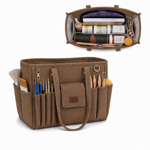 Picsurs brown pottery tool bag with multiple pockets for clay tools and art supplies