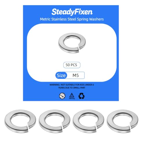 SteadyFixen M5 split lock washers, 304 stainless steel silver spring washers, 50-piece assortment for screws and bolts