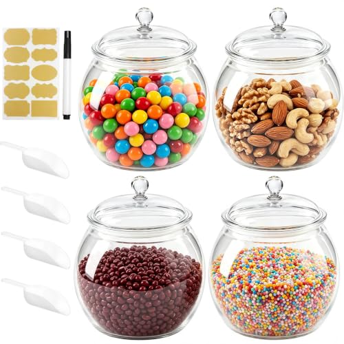 Set of four clear plastic candy jars with lids, 78oz capacity, ideal for storing cookies and snacks, from FALUCKYY.