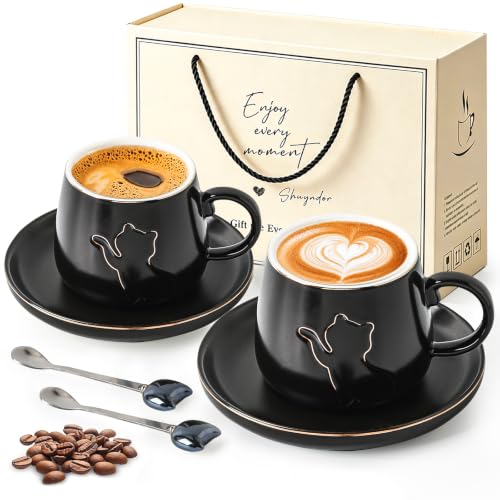6 oz Ceramic Espresso Cups Set of 2 with Saucers Black Cat Coffee Cup Set with Gold Rim and Gift Box for Espresso Cappuccino and Coffee
