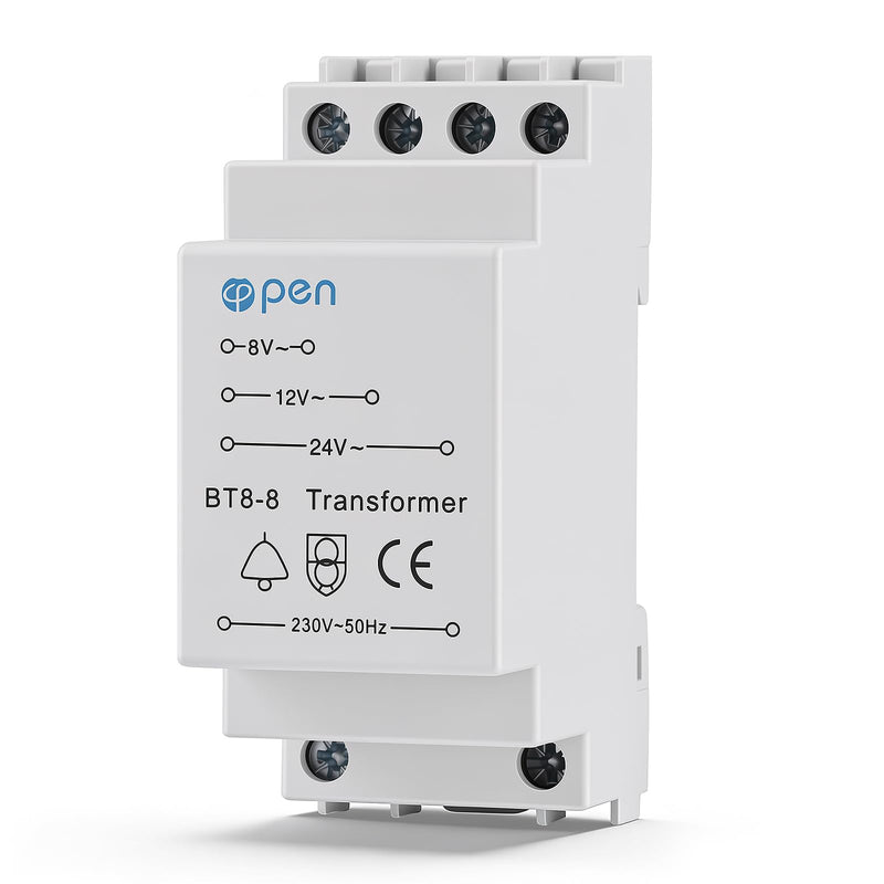 Bell Transformer 8 V 12 V 24 V, Bell Transformer 230 V AC Inputs, 8-24 V/AC Exports, Surge Protection, Fits Standard DIN Rail, Doorbell for Monitoring and Access Systems