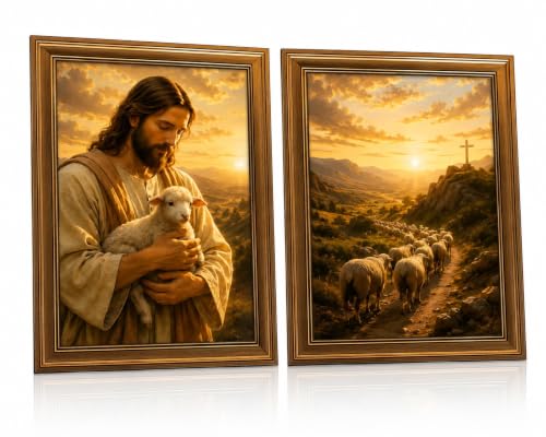 2Pc Framed Christian Shepherd Wall Art 16x24 Set Living Room Church 16x24in