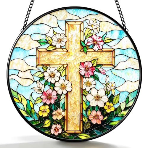 Floral Cross Stained Glass Suncatcher, Christian Flower Cross Window Hanging Ornament with Metal Chain, Religious Spiritual Home Decor Gift