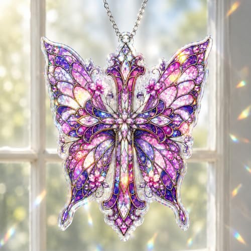 Cross Decor Suncatcher, Butterfly Stained Glass Window Hanging Purple Butterfly Cross