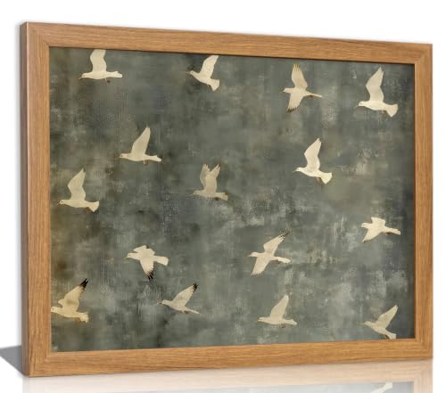 Framed Flying Bird Wall Art,Vintage Minimalist Flock of White Birds Print Flying Bird Beige Frame Framed 16"L x 12"W