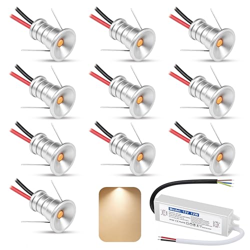 Set of 10 Mini LED Spotlights, 12 V, 0.5 W, Mini LED Recessed Spotlights, Ultra Small Installation Diameter 10 mm, Warm White 3000 K Ceiling Spotlights, IP65 LED Spotlights, Recessed Silver Warm White