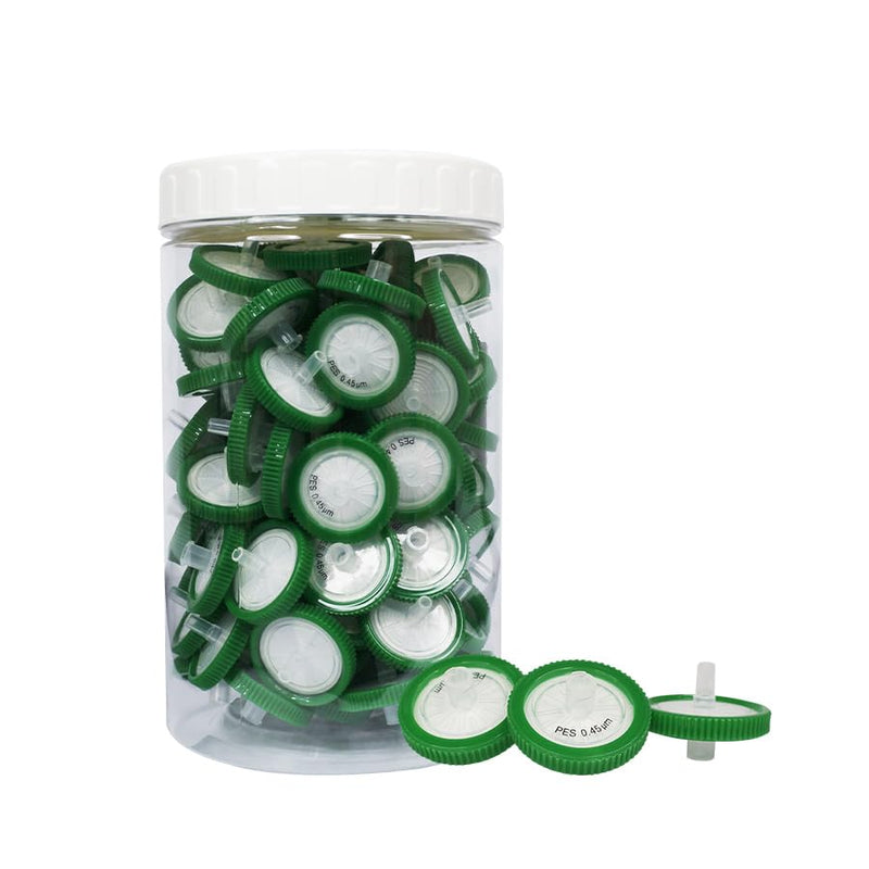 FilterTech 25mm PES syringe filters, 0.45um membrane, 100 pack box for laboratory filtration