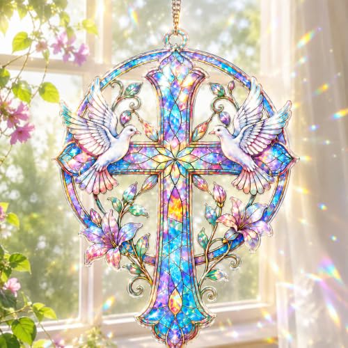 Stained Glass Cross Suncatcher Christian Decor Window Hanging Colorful Carrier Pigeon Dove Cross