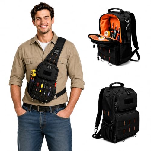 YJQ black tactical tool bag in waterproof Oxford fabric with 3-point harness and MOLLE webbing