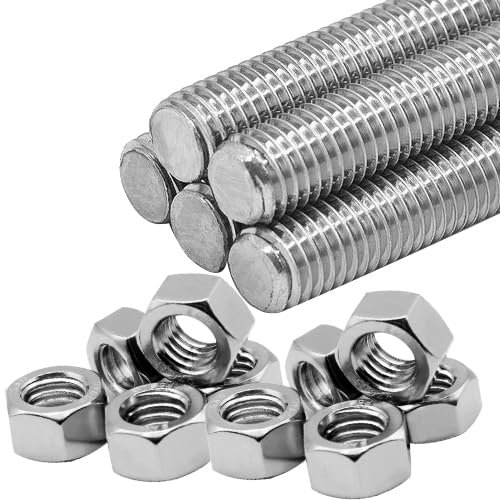 Beduan 5-piece 304 stainless steel 1/4-20 fully threaded rods with hex nuts, 12-inch length