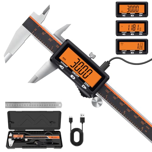 HARDELL 6-inch digital caliper with USB-C charging and orange LCD display