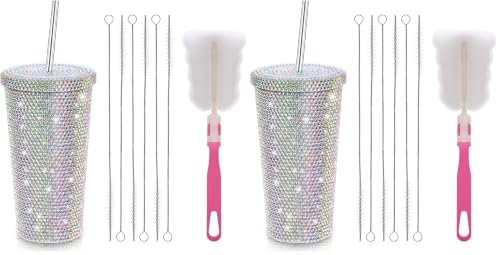 Bling Cup with Rhinestone, 17 Oz Sparkly Tumbler with Lid, Stainless Steel Glitter Thermal Drinking Water Bottle with 1 Pcs Brush 6 Pcs Straw Brushes Bling Gift for Girls Women (Pack of 2) 17 Ounces (Pack of 2)