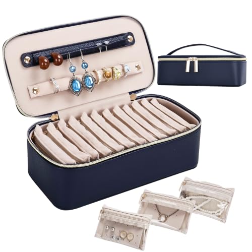 Large Jewelry Travel Box with 12 Velvet Jewelry Pouches, Portable Travel Jewelry Case for Women, PU Leather Jewelry Box Organizer for Necklace, Rings, Earrings, Bracelets (Dark Blue) Dark Blue