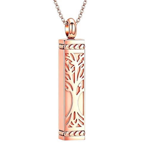 Tree of Life Vertical Bar Urn Pendant Memorial Ashes Necklace for Men Women Rose Gold