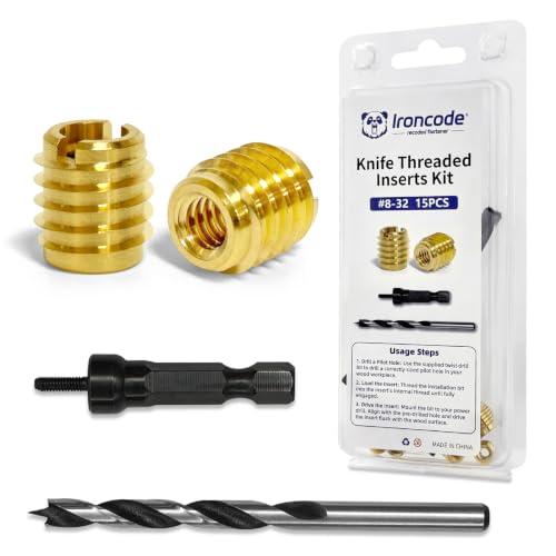 IRONCODE brass threaded inserts for wood installation kit with #8-32 knife thread inserts, drill, and installation tool