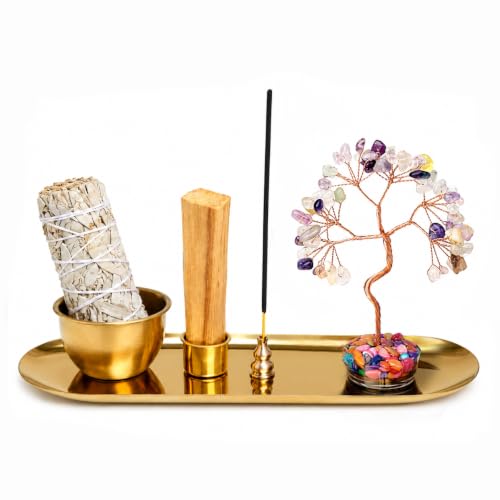Handmade Crystal Incense Holder Set, Tree of Life Sage & Palo Santo Tray Mixed