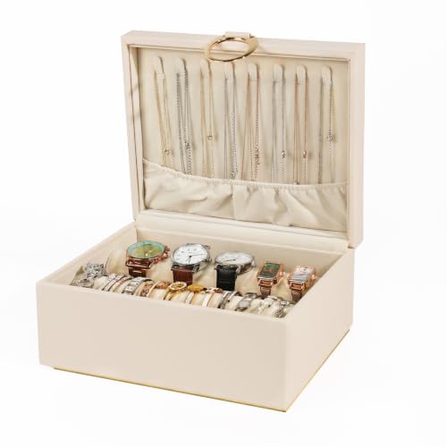 Bracelets Organizer with 2Rods Necklace Hooks for Women Girl Bracelet Display Holder for Watch Bangles PU Leather Jewelry Box Beige