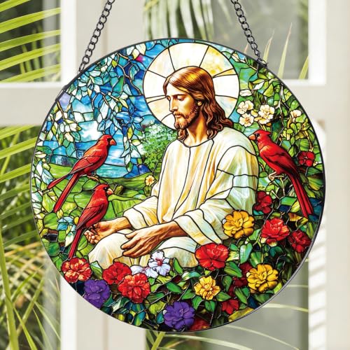 Rngmsi Cardinal Suncatcher Gifts, Christian Stained Glass Window Hanging