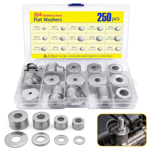 250 PCS Flat Washers Assortment Kit, 304 Stainless Steel Fender Washers, 15 Sizes (M3 M4 M5 M6 M8 M10 M12) Metric Metal Washers, Universal for Automotive Industrial Home