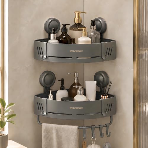 2-Pack Shower Caddy Corner Suction Cup Towel With Bar &Hooks-Gray Gray