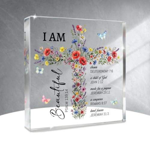 Baptism Gifts for Girl Women, Christian Desk Decor Square Acrylic Sign Wildflower Bible Verse Cross Print