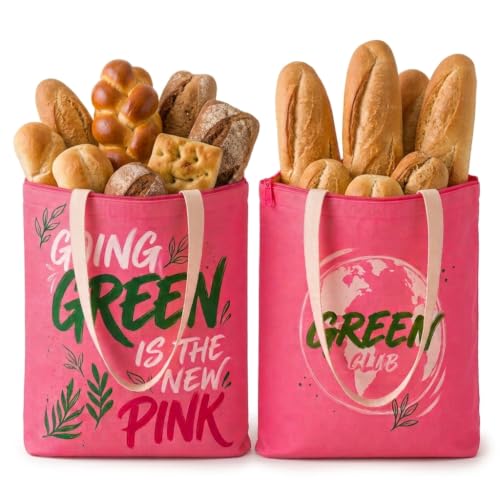 2-Pack XL Beeswax Bread Bags for Sourdough with Zipper and Carry Handles, Reusable Waxed Cotton Linen Storage for Homemade Artisan Loaves, Boules, Bagels and Baked Goods, 13 x 17 Inch, Pink