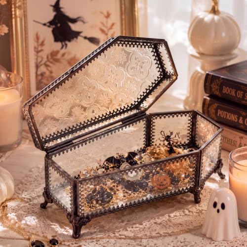 Vesici Halloween Glass Coffin Jewelry Box Embossed Trinket Box with Lid