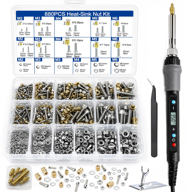 880-Piece Threaded Inserts Soldering Tips Set M2/M3/M4/M5/M6 for 3D | Pack of 5 Soldering Tips, Soldering Tip Adapter, LCD Adjustable Temperature Soldering Iron, Pure Copper Thread Inserts for 3D
