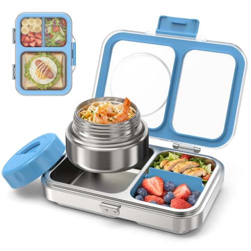 Kids Stainless Steel Bento Lunch Box with Insulated Soup Thermo, Leak-Proof BPA BPS Free Metal Lunch Container, Tritan Lid, Dishwasher Safe for School Boys Girls Adults Outdoor - Blue