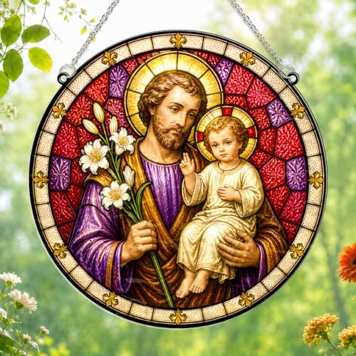 St Joseph Stained Glass Suncatcher, 8" Religious Wavy Acrylic Suncatcher for Windows Hanging, Catholic Gifts Decorations, St. Joseph Patron Gift, Christian Gifts for Men, Dad, Grandpa, Son, Friends
