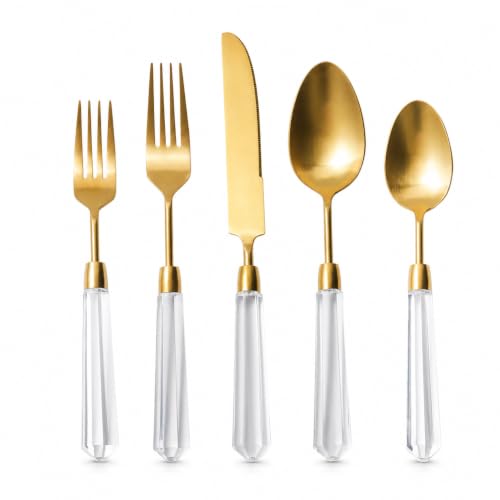 Gold Flatware Set, 5-Piece Gold Silverware Cutlery Set with Transparent Acrylic Handle, Diamond Shape 304 Stainless Steel Matte Knife Fork Spoon, Dishwasher Safe for Home Wedding Hotel