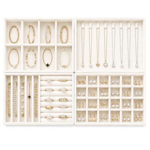 Velvet Jewelry Drawer Organizer Trays Large Beige Stackable, 4Layer