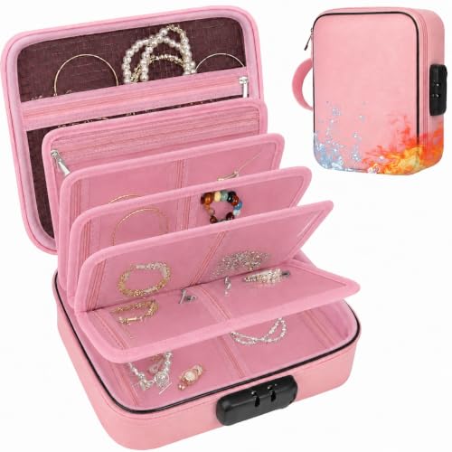 Pink Zynqur fireproof travel jewelry organizer case with lock and six binder pages, designed for safe jewelry storage.