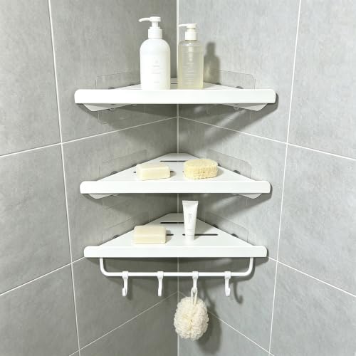 3 Tier Corner Shower Shelves White No Drill Adhesive with Towel Bar & Hooks