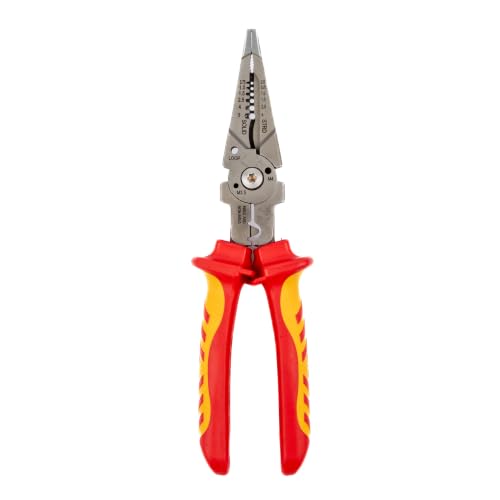 C.K Tools VDE Multifunctional Pliers 7-in-1 for Electricians with Long Nose 210 mm | Six stripping notches for flexible and solid conductors, M3.5/M4 shear points, crimping zone for terminals, deburring 10-22mm