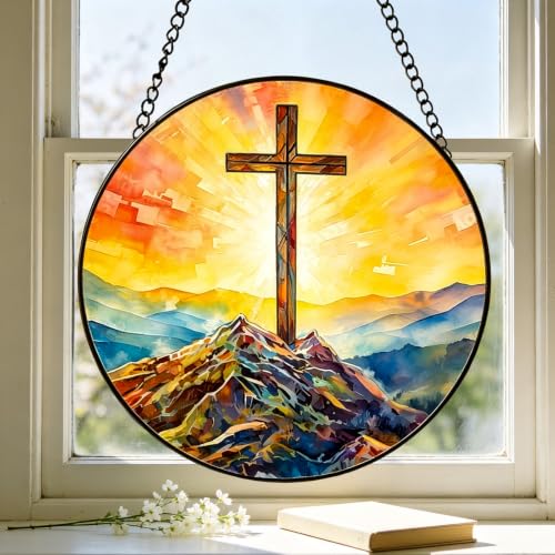 Cross Stained Glass Window Hanging, 7.87in Suncatcher Cross