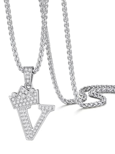 PROSTEEL Initial Necklace for Men Women, Alphabets A-Z Letter Crown Pendant Silver V