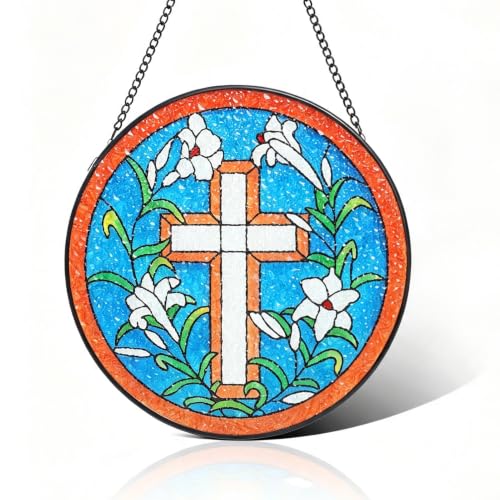 KOMI 7.8 Inch Cross Stained Glass Window Hanging Sun Catcher Garden Decor Christian Gifts for Women Mom Wife