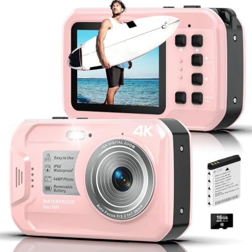 4K Underwater Camera, 64MP 16FT Waterproof Camera, 16GB Card, Pink