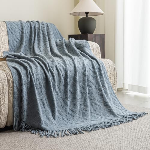 Diamond Jacquard Throw Blanket, Knit Decor Cover for Sofa Couch Misty Blue 51"X94"