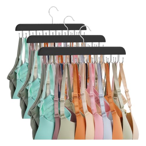 Bra Hanger for Closet, Tank Top Hanger 20 Hooks Capacity Sturdy Wood Space Saving Hanger Sport Bras Holder, Closet Organizers and Storage, Black 3 Pack