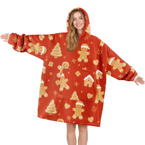 Christmas Oversized Blanket Hoodie Wearable Warm Soft Sherpa Red Gingerbread Man
