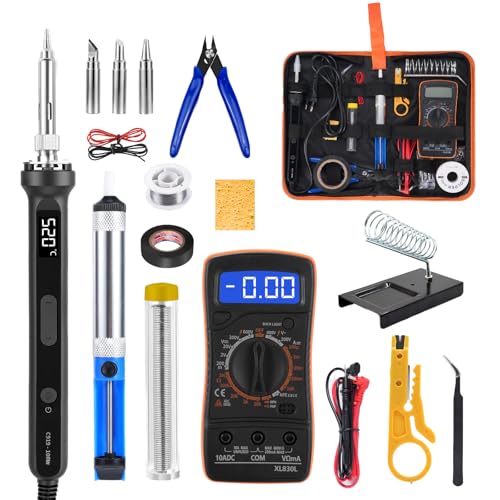 100W Digital Soldering Iron Set with LCD Display 180-520°C, 18-in-1 Professional Soldering Set Including Smart Multimeter, Desoldering Pump, 3 Soldering Tips, PU Bag & Accessories for