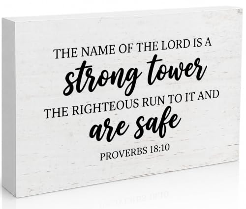 Christian Desk Decor, Proverbs 18:10 Bible Verse Rustic Farmhouse Wood Block Sign, Inspirational Gift for Women & Men, Perfect for Daily Encouragement -A64