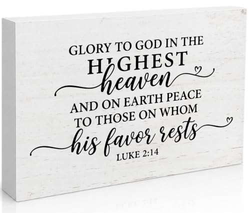 Christian Desk Decor, Luke 2:14 Bible Verse Rustic Farmhouse Wood Block Sign, Inspirational Gift for Women & Men, Perfect for Daily Encouragement -A54
