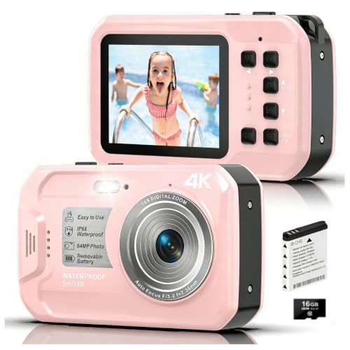 4K 64MP Underwater Camera Autofocus IPS HD Screen 16X Digital Zoom Fill Light, Floatable Waterproof Digital Camera, 16FT, Includes 16GB Card for Surfing Snorkeling Swimming, Pink