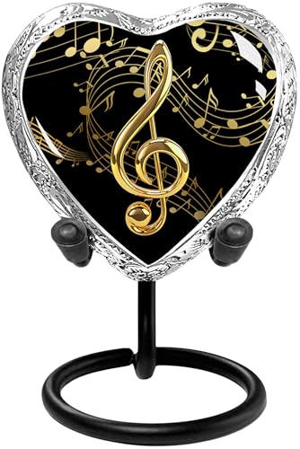 Musical Notes Heart Keepsake Urn for Human Ashes – Black Small Sharing Urn for Men & Women – Music Memorial with Stand & Velvet Bag
